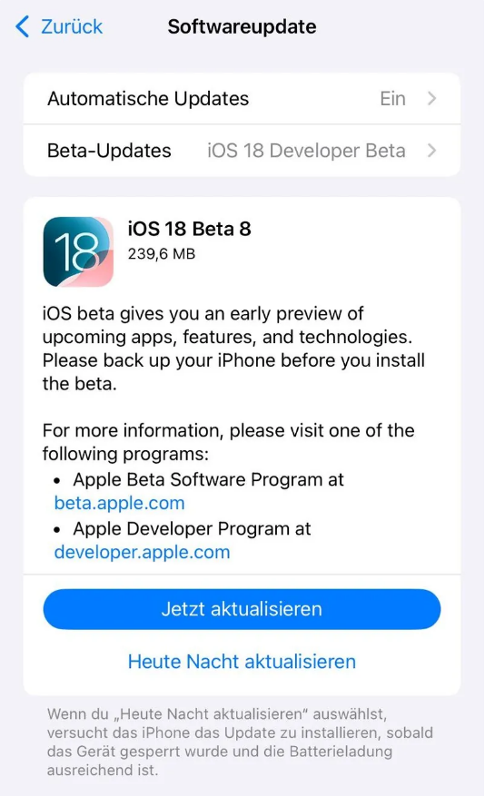 中牟苹果手机维修分享苹果 iOS / iPadOS 18 开发者预览版 Beta 8 发布 